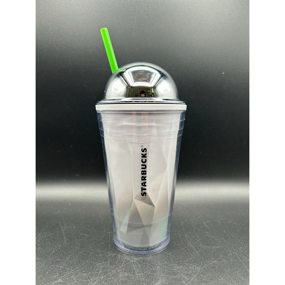 Starbucks Coffee 2012 Chiseled Silver Dome Cold Cup Travel Tumbler w/ Straw 16oz